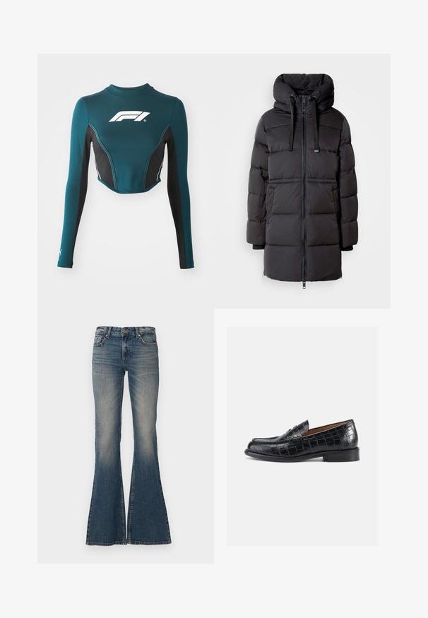 Zwarte pufferjas met capuchon, voorzien van ritsluiting, verstelbare trekkoorden en een doorgestikte textuur. Lange mouwen met elastische manchetten.; Teal lange mouwen crop top met zwarte zijpanelen. Heeft een wit logo op de borst en contrasterende stiksels. Gemaakt van rekbaar materiaal.; Uitlopende blauwe jeans van denim, met een knoopsluiting, vijf zakken en een vervaagd uiterlijk met een brede pijpopening.; Zwarte loafers van leer met krokodillenprint, voorzien van een afgeronde neus, instapmodel en een lage, stevige hak. Soepele textuur en subtiele glans.