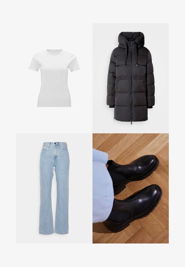 Zwarte pufferjas met capuchon, voorzien van ritsluiting, verstelbare trekkoorden en een doorgestikte textuur. Lange mouwen met elastische manchetten.; Witte nauwsluitende dames T-shirt met korte mouwen, geribbeld en met een ronde hals en een klein maatlabel aan de binnenzijde van de kraag.; Lichtblauwe spijkerbroek met een hoge taille en een wijde pijp, met riemlussen, een sluiting met een knoop aan de voorkant en een klassieke vijfzakkenstijl.; Zwarte enkellaarzen van soepel leer met elastische zijpanelen, een getextureerde rubberen zool en contrasterende stiklijnen langs de rand.