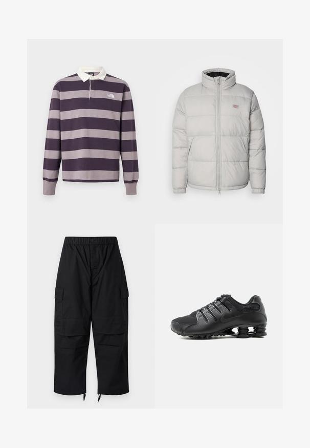 Veste matelassée grise avec un col haut, une fermeture éclair et des poignets élastiques. Elle présente un design matelassé et une petite patch logo sur la poitrine.; Maillot de rugby à manches longues avec larges rayures horizontales violet foncé et gris, col blanc et logo The North Face sur la poitrine.; Pantalon cargo noir avec une ceinture élastique, multiples poches et fermetures éclair aux chevilles, avec une coupe décontractée et ample.; Chaussure de sport noire avec dessus texturé, fermetures à lacets et soutien de semelle distinctif en forme de ressort visible sur fond blanc.