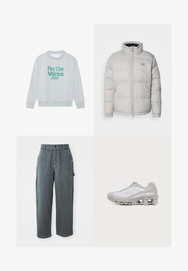 Graue Daunenjacke mit hohem Kragen, Reißverschluss und elastischen Bündchen. Sie hat ein gestepptes Design und ein kleines Logo-Patch auf der Brust.; Grauer sweatshirt mit Rundhalsausschnitt, mit grünem gesticktem Text: "Pier One Athletics 1968" auf der Vorderseite. Langärmlig, mit gerippten Bündchen.; Dunkelgraue gerade Arbeitshosen mit Gürtelschlaufen, vorderem Knopf und Reißverschluss, Seitentaschen und einer Hammer-Schlaufe am rechten Bein.; Grauer und weißer Sportschuh mit sichtbarer Luftpolstersohle und Mesh-Einsätzen, im Profil auf einfachem hellem Hintergrund gezeigt.