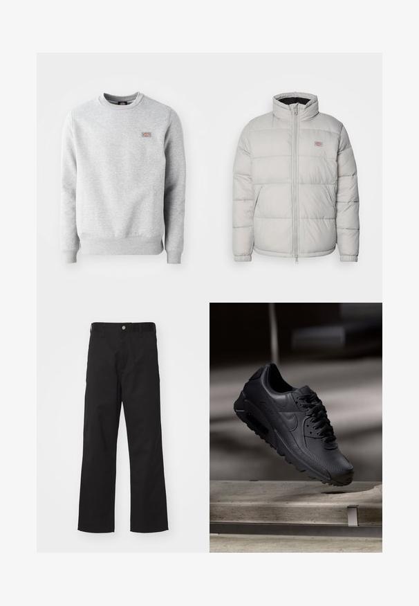 Grijze puffer jas met een hoge kraag, ritsluiting en elastische manchetten. Het heeft een gequilt ontwerp en een kleine logo patch op de borst.; Grijze sweatshirt met een ronde hals, ribgebreide manchetten en onderrand, gemaakt van zacht katoen. Kenmerkt een klein logo op de linkerkant van de borst.; Zwarte broek van duurzame stof met een rechte pasvorm, voorzien van een knoopsluiting aan de voorkant, riemlussen en zonder zichtbare patronen of accenten.; Zwarte Nike Air Max sneakers met een bovenwerk van gestructureerd leer, rubberen zool en een opvallend vetersysteem, dat een strakke, moderne uitstraling heeft.