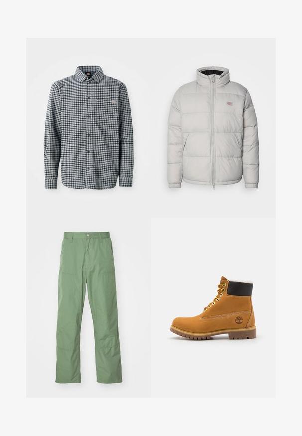 Chaqueta acolchada gris con cuello alto, cierre de cremallera y puños elásticos. Tiene un diseño acolchado y un pequeño parche del logo en el pecho.; Camisa de cuadros en blanco y negro de manga larga con botones, cuello y un pequeño parche con logo en el bolsillo del pecho izquierdo.; Pantalones de corte relajado en un suave tono verde claro, con una textura lisa, que incluyen bolsillos laterales y detalles de costura visibles. De largo completo con un diseño de pierna recta.; Botín de cuero marrón con ojales de metal, forro de piel sintética blanca, cuello acolchado negro, suela resistente y logotipo en relieve en el costado.