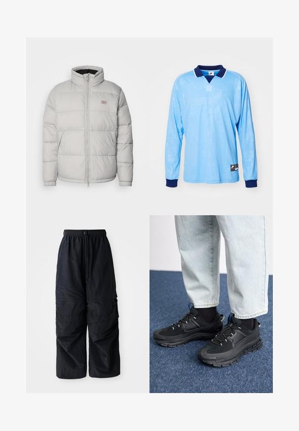 Graue Daunenjacke mit hohem Kragen, Reißverschluss und elastischen Bündchen. Sie hat ein gestepptes Design und ein kleines Logo-Patch auf der Brust.; Hellblauses Langarm-Polohemd mit marineblauem Kragen und Bündchen, das ein dezentes Allover-Muster und Nike-Logoprint am unteren Saum aufweist.; Schwarze, leichte Nylon-Cargohosen mit elastischem Bund, verstellbarem Kordelzug und mehreren geschichteten Taschen an den Beinen.; Schwarze Sportschuhe aus strukturiertem Stoff mit Gummisohlen, ausgestattet mit elastischen Schnürsenkeln und einem blauen Akzent an der Ferse. Getragen mit hellen Jeans.