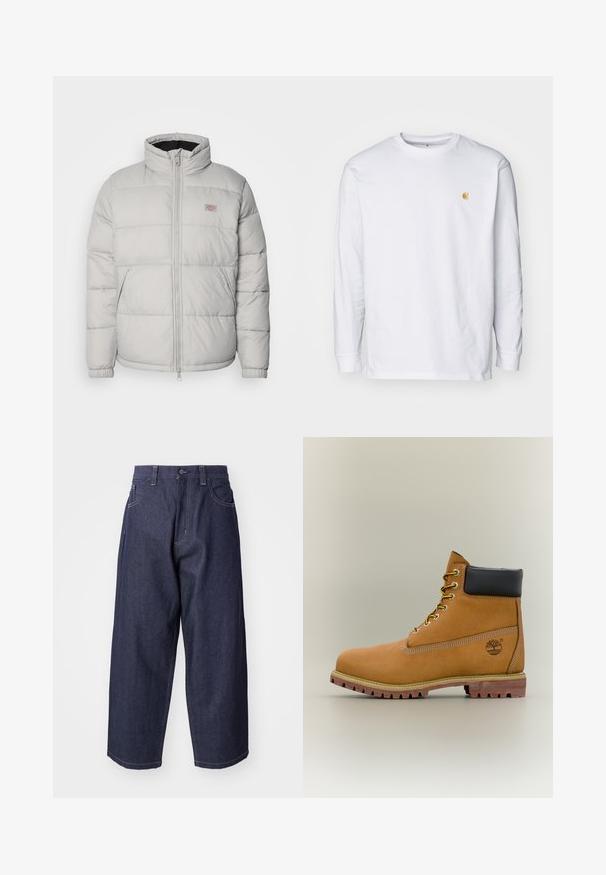 Graue Daunenjacke mit hohem Kragen, Reißverschluss und elastischen Bündchen. Sie hat ein gestepptes Design und ein kleines Logo-Patch auf der Brust.; Weißes Langarm-T-Shirt aus Baumwolle. Mit kleinem goldenem Logo auf der Brust und Rundhalsausschnitt. Einfaches Design und normale Passform.; Dunkelblaue Denim-Jeans mit einem lockeren, weiten Schnitt. Zu den Merkmalen gehören ein Knopfverschluss, Fronttaschen und sichtbare Nähte.; Brauner Leder-Stiefelette mit schwarzem Kragen, gelben Schnürsenkeln und hellbrauner Sohle. Verfügt über ein Logo und weiße Ziernähe. Robuste Profilsohle.