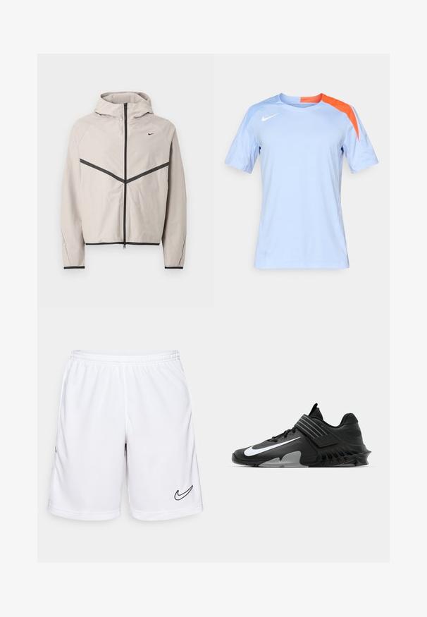 Lysegrå hættejakke med sort lynlås, sort chevronstribe tværs over brystet og lille sort Nike-swoosh på højre side.; Lys blå kortærmet træningsskjorte med en kontrasterende orange detalje på skulderen. Lavet af åndbart materiale med en rund halsudskæring.; Hvide atletiske shorts lavet af fugttransporterende stof, med en elastisk talje og sort Nike-logo på venstre side.; Sorte sportsko med et strømlinet design, der har et fremtrædende hvidt Nike-logo, teksturerede overflader og en karakteristisk støbt sål.