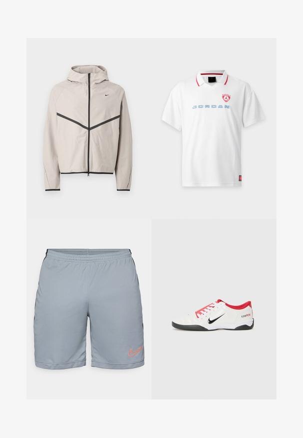 Veste à capuche gris clair avec fermeture éclair noire, bande chevron noire sur la poitrine et petit logo noir Nike sur le côté droit.; Polo blanc à manches courtes avec bordure de col rouge, texte "JORDAN" bleu clair et logo Jordan rouge avec étoiles sur la poitrine.; Shorts de sport gris clair avec des panneaux latéraux noirs, une taille élastique et un ourlet en maille texturée. Présente un logo Nike orange sur la jambe gauche.; Chaussure de sport blanche avec des accents rouges, logo Swoosh noir et design texturé. Équipée de lacets blancs et d'une semelle noire. Le texte indique "total90".