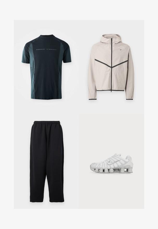 Chaqueta con capucha gris claro con cremallera negra, franja negra en forma de chevrón en el pecho y pequeño logo negro de Nike en el lado derecho.; Camiseta Nike Tech de manga corta, con un cuerpo en azul marino oscuro y paneles laterales en teal claro, y un cuello alto. Logo impreso en la parte delantera.; Pantalones deportivos negros de tela suave, con cintura elástica, piernas anchas y bolsillos laterales con sutiles detalles en azul.; Zapatilla de running blanca Nike con suela visible con amortiguación de aire y logo swoosh plateado en el lateral, mostrada desde el lado exterior.