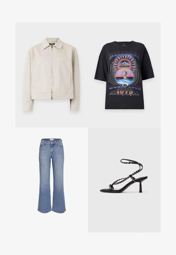 Lyst beige jakke med struktureret krave, fuld frontlynlås og sidelommer. Fremstillet af glat stof med en skræddersyet pasform.; Sort oversized t-shirt med et farverigt grafisk design med bjerge, solen og vand-elementer. Teksten inkluderer "Billabong World Tour 1973."; Højtaljede, lyseblå denimjeans med vide bukseben og frontknaplukning.; Sorte ruskind højhælede sandaler med spids tå, ankelrem og dekorativ nagledetaljering på remmene.