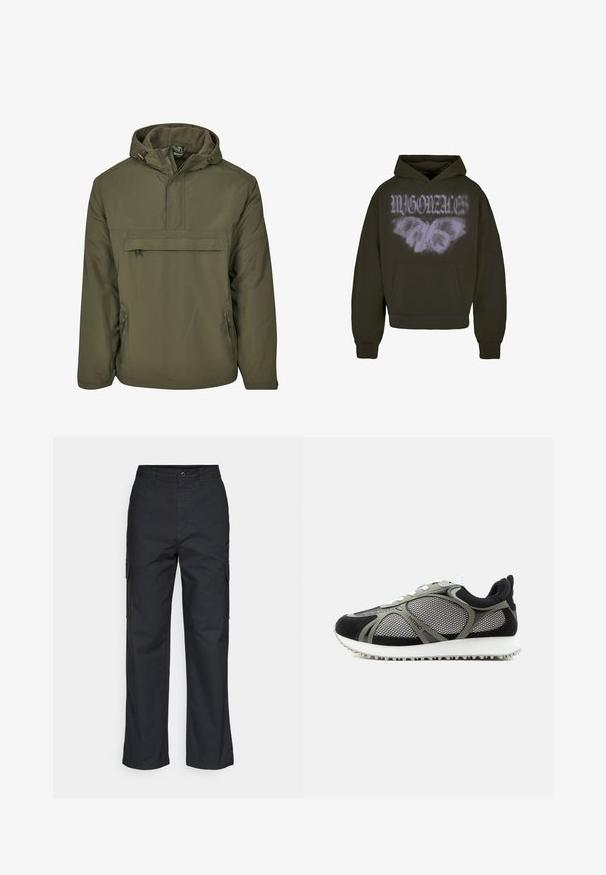 Oliven grøn pullover jakke med en frontal lynlås lomme, sidelommer med lynlås og justerbar hætte. Glat tekstur, let vægt og afslappet design.; Mørkegrøn hættetrøje med en forlomma, prydet med et hvidt sommerfuglegrafik og teksten "MYGONAZE." Fremstillet af blødt stof, med ribbede manchetter.; Sorte cargo bukser med lige ben i designet, der har sidelommer og et tekstureret stof. Knaplukning i taljen for en sikker pasform.; Sort og grå lavtop sneaker med mesh paneler, hvide snørebånd, polstret krave og hvid rillede sål, der vender mod venstre på hvid baggrund.