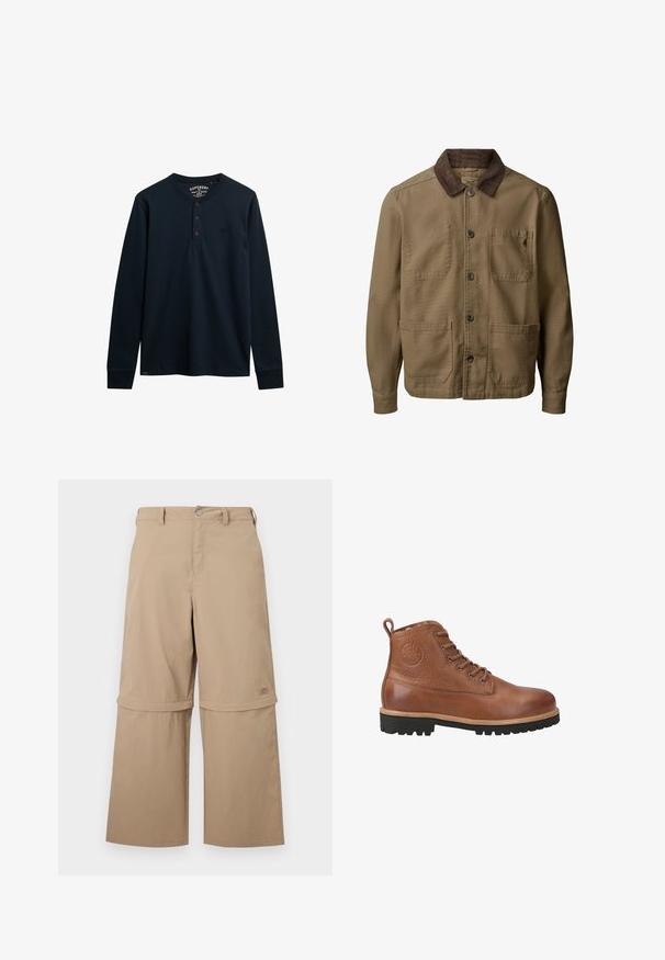 Chaqueta marrón de botones con cuello de pana marrón oscuro y tres bolsillos frontales, hecha de tela resistente.; Camisa henley de manga larga en color marino, hecha de algodón suave, con una tapeta de tres botones, dobladillo redondeado y pequeño logotipo en el pecho.; Pantalones cargo convertibles beige con piernas inferiores desmontables con cremalleras, trabillas para cinturón, bolsillos laterales y cierre de botones, exhibidos sobre fondo blanco.; Blackstone Botines con cordones - braun