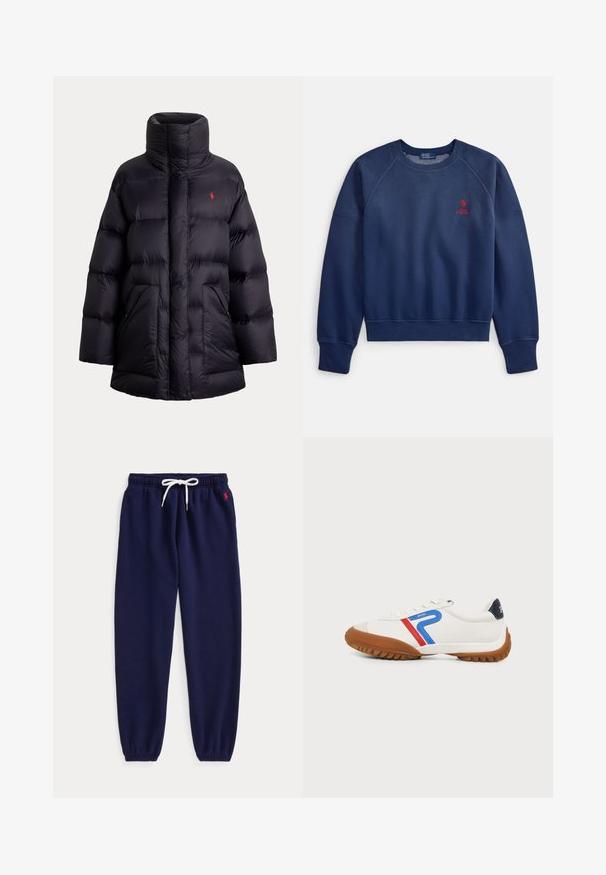 Schwarze gesteppt gepolsterte Jacke mit hohem Kragen, zwei Fronttaschen und kleinem roten gesticktem Logo auf der linken Brust.; Marineblauer Sweatshirt mit Rundhalsausschnitt, gerippten Bündchen und Saum, mit kleinem roten Sticklogo auf der Brust. Weicher, strukturierter Stoff.; Marineblaue Jogginghose mit weißem Kordelzug in der Taille und elastischen Bündchen, mit kleinem roten Logo nahe der linken Tasche bestickt.; Weißer Sneaker mit brauner Sohle, blauen und roten Streifen an der Seite und schwarzem Fersenlasche, seitlich auf hellem Hintergrund gezeigt.