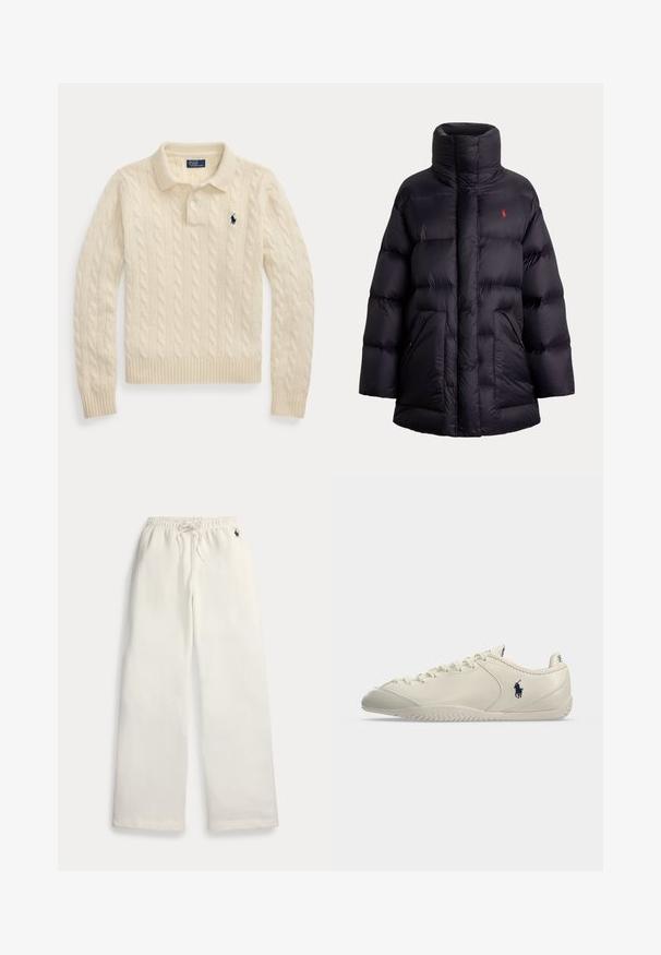 Chaqueta tipo acolchada negra con cuello alto, dos bolsillos frontales y pequeño logo rojo bordado en el pecho izquierdo.; Jersey tipo polo de punto con trenzas en color crema, manga larga con puños y dobladillo acanalados, con un logotipo bordado en azul marino en el pecho.; Pantalones deportivos blancos de pierna ancha con cintura elástica, cordón, bolsillos laterales y pequeño logo azul marino cerca del bolsillo derecho.; Zapatilla de cuero crema de perfil bajo con cordones en la parte delantera, suela texturizada y logotipo negro del jugador de Polo en el lateral.