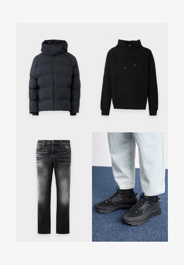 Chaqueta acolchada negra con cuello alto, cremallera frontal, bolsillos laterales con cremallera y capucha ajustable con cordones, presentada sobre un fondo liso.; Sudadera negra de tejido suave, con un diseño de logo triangular en relieve en el frontal y cordones ajustables en el cuello.; Jeans negros con acabado desgastado y toques rasgados, diseño estándar de cinco bolsillos y cierre con cremallera. Elaborados en tela de denim.; Zapatillas deportivas negras con tejido texturizado y suelas de goma, con cordones elásticos y un acento azul en el talón. Combinadas con pantalones de mezclilla claros.