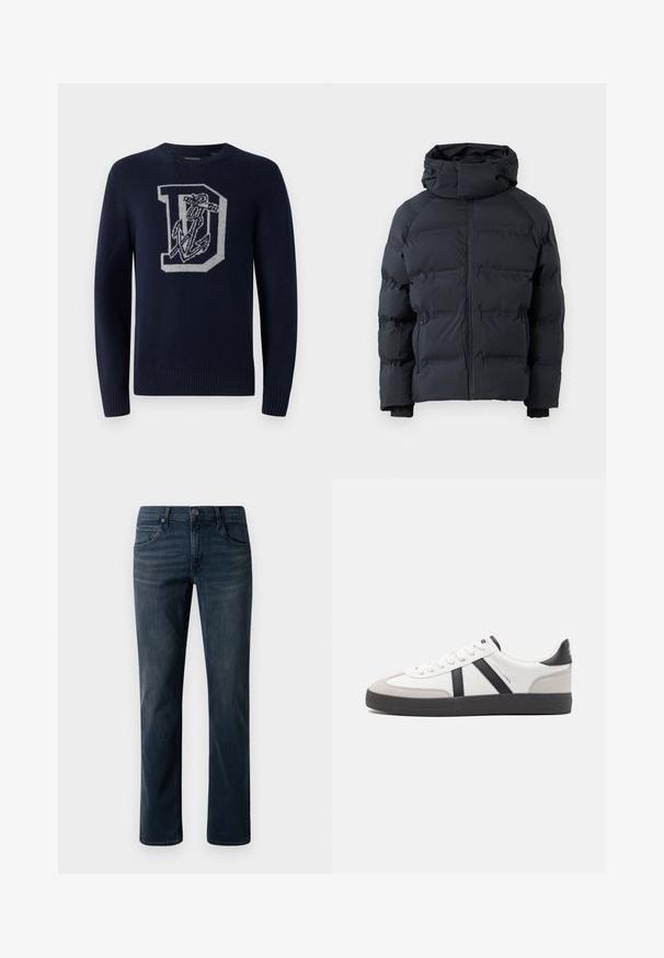 Doudoune noire avec col montant, fermeture éclair à l'avant, poches latérales zippées et capuche ajustable avec cordons de serrage, présentée sur fond uni.; Pull en maille bleu marine avec un col rond, affichant un grand 'D' gris et un motif d'ancre sur le devant, avec des poignets et un ourlet côtelés.; Jean en denim bleu foncé avec une coupe droite, doté d'une taille cousue, de cinq poches et d'une fermeture à un bouton en métal.; Baskets blanches avec des accents noirs et gris, présentant un embout texturé gris, une semelle en caoutchouc noir et des lacets plats blancs. Design épuré, style minimaliste.