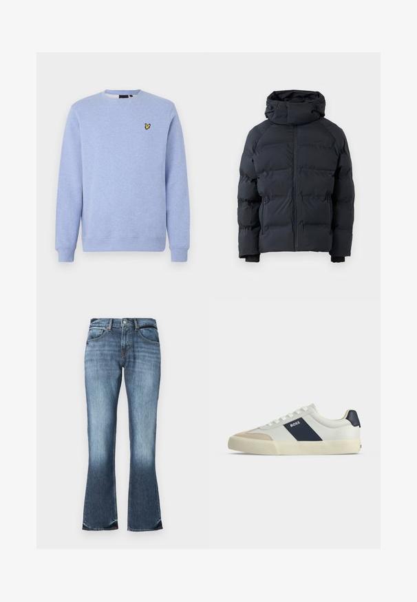Chaqueta acolchada negra con cuello alto, cremallera frontal, bolsillos laterales con cremallera y capucha ajustable con cordones, presentada sobre un fondo liso.; Sudadera azul claro con cuello redondo, puños y bajo acanalados, con un pequeño logo amarillo de un pájaro en el pecho izquierdo.; Pantalones vaqueros acampanados de mezcla azul con cintura de media altura, diseño de cinco bolsillos y ligero desgaste para un aspecto desgastado. Textura suave en toda la prenda.; Zapatilla blanca de caña baja con puntera beige, franja lateral azul marino con etiqueta BOSS, cordones blancos y suela de goma sobre fondo neutro.