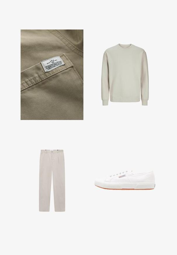Khaki tkanina s textúrovaným povrchom, s bielou nášivkou na vrecku - text obsahuje "ESTD 1982," "STANDARD ISSUE" a referenciu na dodávku.; Svetlošedý sweatshirtný s mäkkou textúrou, s okrúhlym výstrihom, dlhými rukávmi a rebrovanými manžetami a lemom pre pohodlné nosenie.; Svetlo béžové nohavice vyrobené z mäkkej tkaniny, s rovnými nohavicami, dvoma bočnými vreckami a predným zapínaním na gombík. Ľahká a hladká textúra.; Biele plátnené tenisky s gumovou podrážkou, s šnurovacím dizajnom a malou logo nálepkou na boku. Štruktúrovaný biely zvršok a hnedá podrážka.