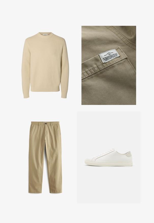 Khaki stof med en struktureret overflade, der har et hvidt mærke syet på en lomme – teksten inkluderer "ESTD 1982," "STANDARD ISSUE" og forsyningsreference.; Enkel beige crewneck striktrøje med lange ærmer og ribstrikkede manchetter og kant.; Beige bukser lavet af en bomuldsblanding, med knaplukning, to forlommer og lige ben med minimal tekstur.; Hvide lædersneakers med en glat overflade, rund tå og minimalistisk design. Funktioner i beige nuancer på hælen og en gummisål.