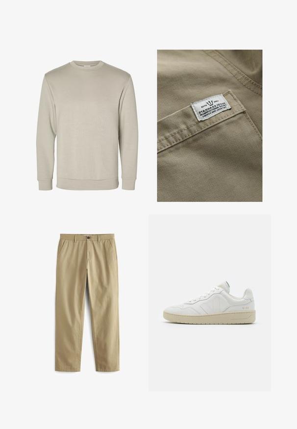 Khaki stof med en struktureret overflade, der har et hvidt mærke syet på en lomme – teksten inkluderer "ESTD 1982," "STANDARD ISSUE" og forsyningsreference.; Beige langærmet sweatshirt med rund halsudskæring, ribkant ved ærmer og bund, vist på hvid baggrund.; Beige bukser lavet af en bomuldsblanding, med knaplukning, to forlommer og lige ben med minimal tekstur.; Hvide lædersneakers med struktureret overflade og polstret krave. Har en beige gummisål og diskret branding på hælen og siden.