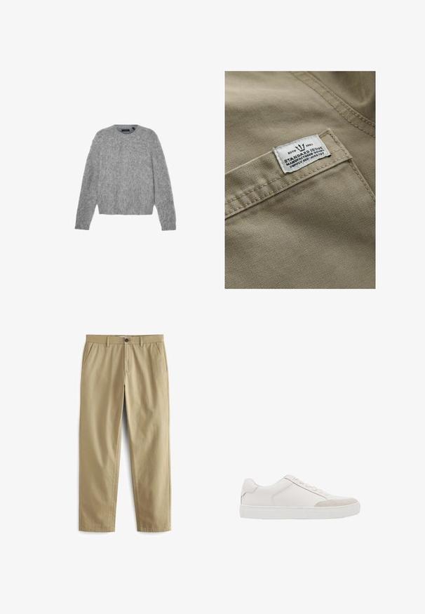 Tissu khaki au toucher texturé, avec une étiquette blanche cousue sur une poche—le texte inclut "ESTD 1982," "ÉMISSION STANDARD," et une référence d'approvisionnement.; Pull gris à manches longues en matière pelucheuse avec un col rond et une coupe courte. Texture lisse avec une apparence douce et légère.; Pantalon beige en mélange de coton, doté d'une fermeture à bouton, de deux poches avant et de jambes droites avec une texture minimale.; Baskets basses blanches à lacets sur le devant et semelle en caoutchouc, avec des surpiqûres discrètes et un détail en daim sur la zone des orteils.