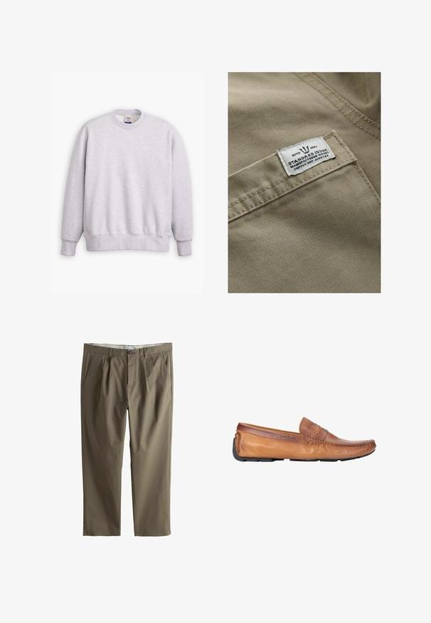 Khaki stof med en struktureret overflade, der har et hvidt mærke syet på en lomme – teksten inkluderer "ESTD 1982," "STANDARD ISSUE" og forsyningsreference.; Grå sweatshirts med rund halsudskæring, lange ærmer, ribbede manchetter og kant. Har et lille "Levi's" logo i lysegul på forsiden.; Herrebuks i khakifarvet stof med læg, sidelommer og knaplukning i taljen, vist fladt på en hvid baggrund.; Brune læder loafers med en blød tekstur, med en syet tå og en flad gummisål, designet til afslappet brug.