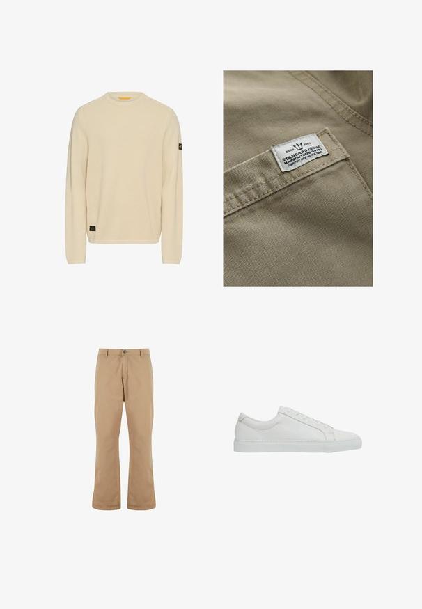 Khaki stof med en struktureret overflade, der har et hvidt mærke syet på en lomme – teksten inkluderer "ESTD 1982," "STANDARD ISSUE" og forsyningsreference.; Lys beige striktrøje med lange ærmer, rund halsudskæring, tekstureret stof og et lille sort logo-patch på venstre ærme.; Beige bomuldsbukser med lige pasform, der har knaplukning, forlommer og en glat tekstur.; Reiss REGULAR FIT - LUCA TUMBLED - Sneakers - white