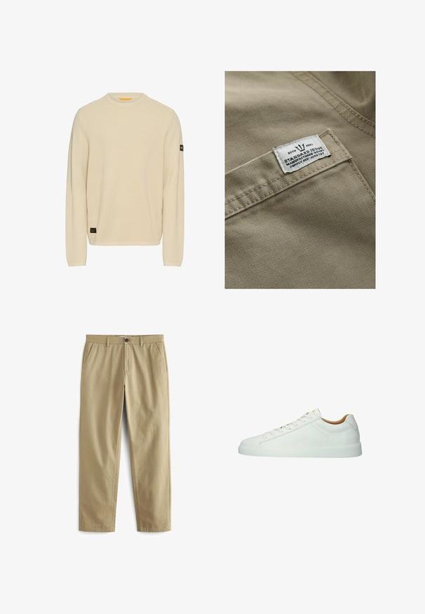 Khaki stof med en struktureret overflade, der har et hvidt mærke syet på en lomme – teksten inkluderer "ESTD 1982," "STANDARD ISSUE" og forsyningsreference.; Lys beige striktrøje med lange ærmer, rund halsudskæring, tekstureret stof og et lille sort logo-patch på venstre ærme.; Beige bukser lavet af en bomuldsblanding, med knaplukning, to forlommer og lige ben med minimal tekstur.; Lavtop hvid læder sneaker med hvide snørebånd, diskrete syninger og en flad gummisål, vist fra siden på en hvid baggrund.