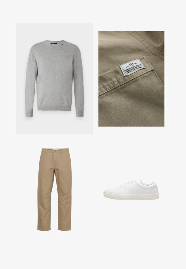 Khaki stof med en struktureret overflade, der har et hvidt mærke syet på en lomme – teksten inkluderer "ESTD 1982," "STANDARD ISSUE" og forsyningsreference.; Lys grå sweater med lange ærmer, rund halsudskæring, strikket tekstur og et simpel design med et lille logo over venstre skulder.; Beige bomuldsbukser med lige ben-design, der har en frontknap og lynlås lukning, sidelommer og et rent finish.; Hvide lædersneakers med en glat overflade, rund tå, snørebåndslukning og flad gummisål. Minimalistisk design uden synlige mønstre.