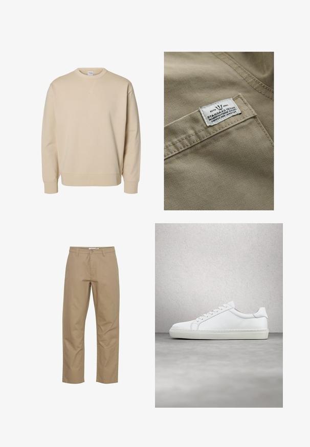 Khaki stof med en struktureret overflade, der har et hvidt mærke syet på en lomme – teksten inkluderer "ESTD 1982," "STANDARD ISSUE" og forsyningsreference.; Beige crewneck sweatshirt med lange ærmer, ribstrikkede manchetter og kant samt en lille syet V-detalje under kraven.; Beige bomuldsbukser med lige ben-design, der har en frontknap og lynlås lukning, sidelommer og et rent finish.; Hvide sneakers med en glat læderoverdel og lav profil. Har en rund tå, seks snørehuller og en tekstureret gummisål.