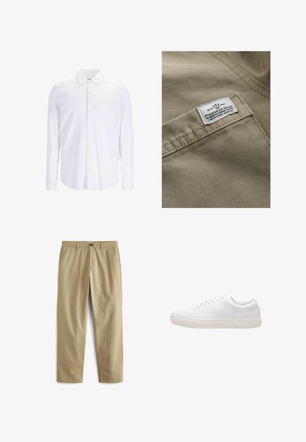 Tejido caqui con una superficie texturizada, con una etiqueta blanca cosida en un bolsillo que incluye el texto "ESTD 1982," "STANDARD ISSUE," y referencia de suministro.; Camisa blanca de manga larga y botón, hecha de tejido suave, con un cuello clásico, placket frontal y un sutil acento de logo en el pecho.; Pantalones beige de mezcla de algodón, con cierre de botón, dos bolsillos delanteros y piernas rectas con textura mínima.; Zapatilla de cuero blanco con textura suave, puntera redonda, cierre de cordones y suela de goma plana. Diseño minimalista sin patrones visibles.