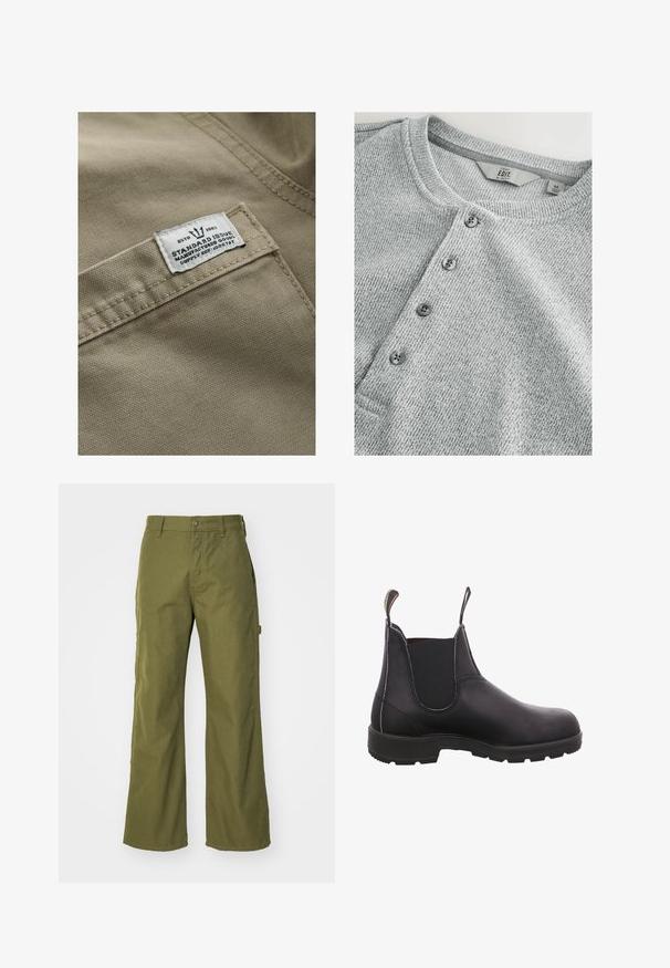 Tissu khaki au toucher texturé, avec une étiquette blanche cousue sur une poche—le texte inclut "ESTD 1982," "ÉMISSION STANDARD," et une référence d'approvisionnement.; Chemise en tricot gris à manches longues avec col rond, patte de boutonnage à cinq boutons, texture côtelée et design ajusté. L'étiquette indique la taille M.; Pantalons larges vert olive en tissu durable, dotés d'une fermeture à bouton, de poches latérales et d'un design à ourlet droit.; Bottine en cuir noir avec panneaux élastiques sur les côtés, bout rond et semelle en caoutchouc. Dispose d'une languette à l'arrière pour un enfilage facile.