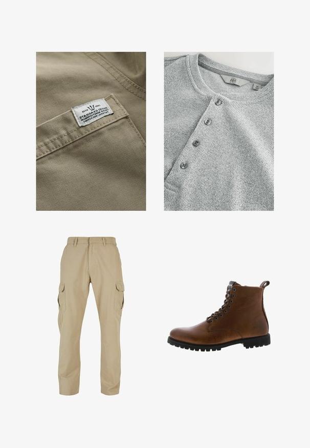 Khaki tkanina s textúrovaným povrchom, s bielou nášivkou na vrecku - text obsahuje "ESTD 1982," "STANDARD ISSUE" a referenciu na dodávku.; Sivý pletený sveter s dlhými rukávmi a okrúhlym výstrihom, päť gombíkovou légou, ryhovanou štruktúrou a priliehavým strihom. Štítok naznačuje veľkosť M.; Béžové cargo nohavice vyrobené z bavlneného twillu, so viacerými bočnými vreckami, rovnými nohavicami a zipsom s pútkami na opasok.; Hnedé kožené členkové topánky s textúrovaným povrchom, kovovými očkami a čiernou gumovou podrážkou s výrazným dezénom. Obsahujú pútko na zadnej strane pre jednoduchšie obúvanie.