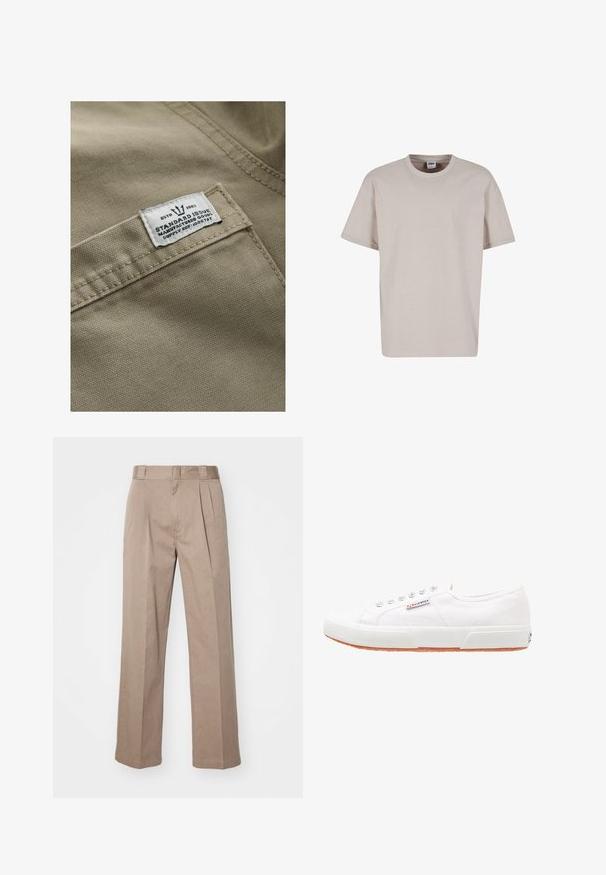 Khaki stof met een gestructureerd oppervlak, met een wit label op een zak genaaid—de tekst bevat "ESTD 1982," "STANDARD ISSUE," en een referentie voor de levering.; Urban Classics CUFF TEE - T-shirt basic - cloud; Beige, hoge taille broek met een wijde pijpontwerp. Bevat twee voorplooien en een soepele textuur. Standaard lengte met een nette afwerking.; Witte canvas sneakers met een rubberen zool, vetersluiting en een klein logolabel aan de zijkant. Gewreven wit bovenwerk en een bruine zool.