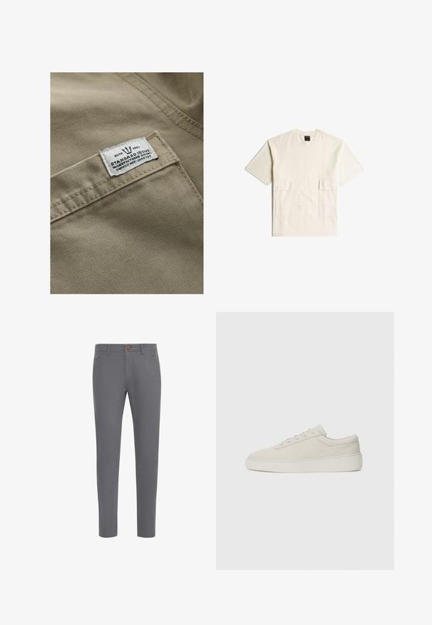 Khaki stof met een gestructureerd oppervlak, met een wit label op een zak genaaid—de tekst bevat "ESTD 1982," "STANDARD ISSUE," en een referentie voor de levering.; Beige T-shirt met korte mouwen, een ronde hals en twee klepzakken met knopen aan de voorkant, platgelegd op een witte achtergrond.; Grijze katoenen broek met een aansluitend ontwerp, voorzien van een knoopsluiting, standaardzakken en een gladde textuur.; Beige sneakers met een zachte suede afwerking, ronde neus en platte rubberen zool. Beschikt over vetersluiting en een minimalistisch ontwerp met subtiele stiksels.