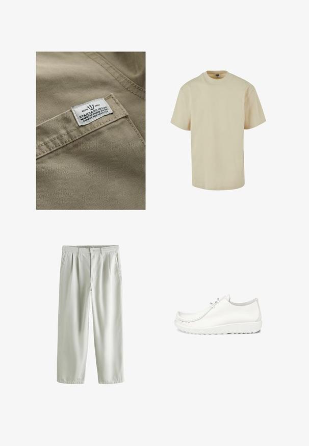 Khaki stof med en struktureret overflade, der har et hvidt mærke syet på en lomme – teksten inkluderer "ESTD 1982," "STANDARD ISSUE" og forsyningsreference.; Beige bomulds t-shirt med klassisk rund hals og korte ærmer. Glat tekstur, lige snit og ingen synlige mønstre eller detaljer.; Lysegrå bukser med lige ben, elastisk talje, knaplukning og sidelommer, lagt fladt på hvid baggrund.; Hvide lædersko med en afrundet tå, syninger og en let hvid sål. Har to hul til snørebånd.