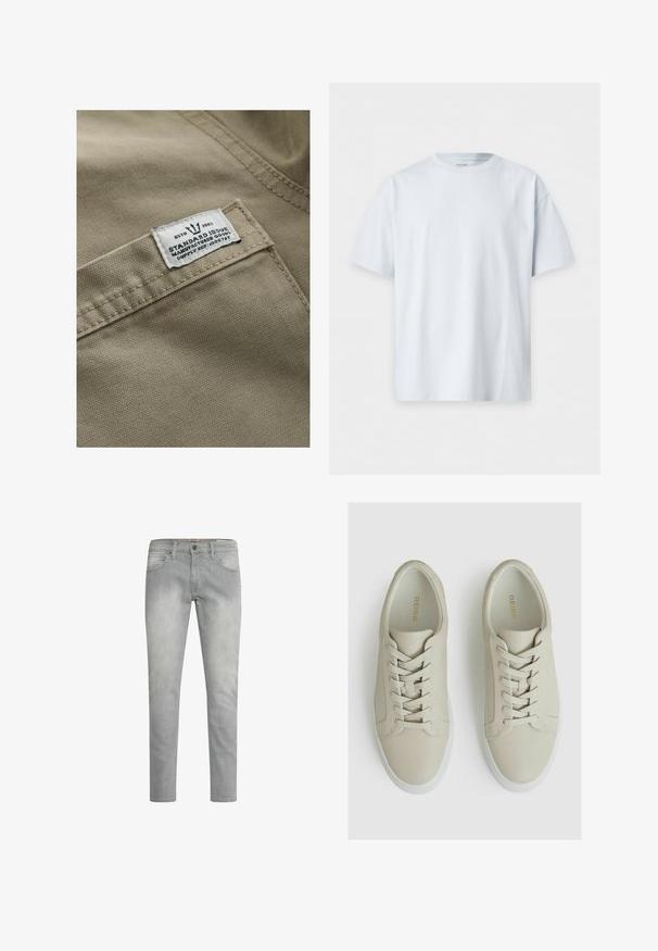 Khaki stof med en struktureret overflade, der har et hvidt mærke syet på en lomme – teksten inkluderer "ESTD 1982," "STANDARD ISSUE" og forsyningsreference.; Enkel hvid t-shirt med korte ærmer og rund hals, lagt fladt på en hvid baggrund.; Lys grå jeans med lige ben, subtilt slid, forlommer og en klassisk knaplukning i taljen.; Lys beige lædersneakers med en struktureret overflade, der har seks øjer, flade snørebånd og en hvid gummisål. Guld branding indeni.