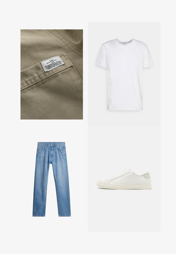Khaki stof met een gestructureerd oppervlak, met een wit label op een zak genaaid—de tekst bevat "ESTD 1982," "STANDARD ISSUE," en een referentie voor de levering.; Witte t-shirt met korte mouwen, gemaakt van katoen. Heeft een ronde halslijn en een comfortabele pasvorm zonder zichtbare patronen of accessoires.; Lichtblauwe denim jeans met een rechte pijp, vijf zakken en een metalen knoopsluiting. Gemêleerde stof met vervaagde details aan de voorkant.; Witte leren sneaker met een gladde oppervlakte, ronde neus en minimalistisch ontwerp. Heeft beige accenten op de hiel en een rubberen zool.