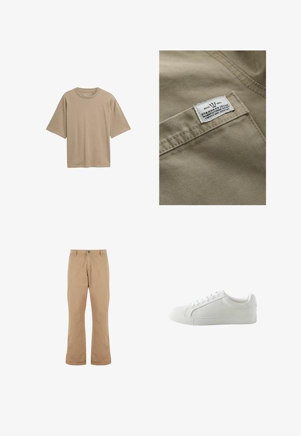 Khaki stof met een gestructureerd oppervlak, met een wit label op een zak genaaid—de tekst bevat "ESTD 1982," "STANDARD ISSUE," en een referentie voor de levering.; Beige T-shirt met korte mouwen, een relaxte pasvorm, ronde halslijn en een gladde textuur. Geen zichtbare patronen of hardwaredetails.; Beige katoenen broek met een rechte snit, voorzien van een knoopsluiting, zijzakken en een gladde textuur.; Witte lage sneaker met veters, glad bovenwerk en platte rubberen zool, afgebeeld vanuit de binnenkant zijkant op een witte achtergrond.