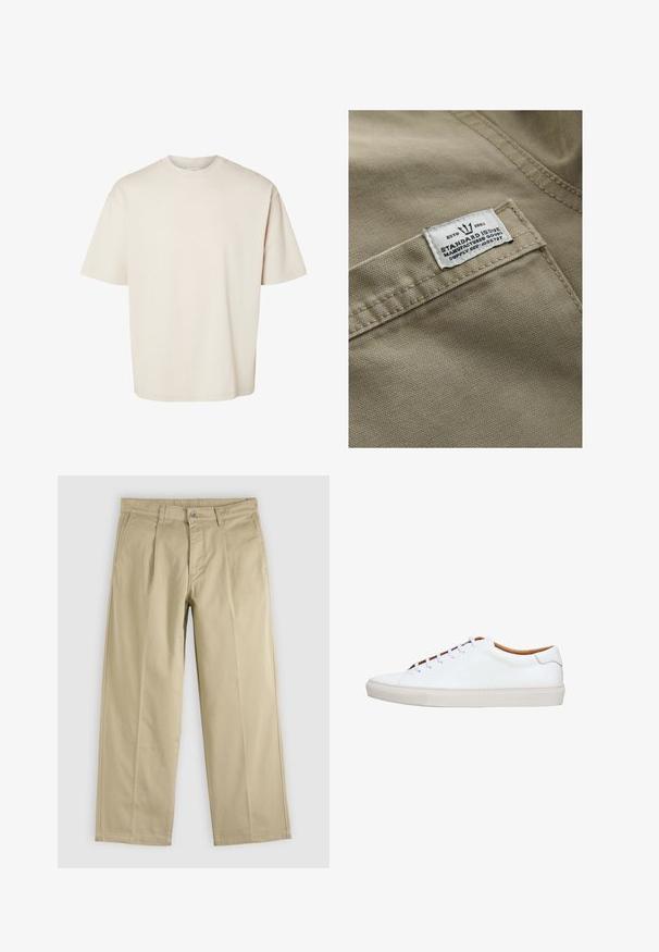 Khaki tkanina s textúrovaným povrchom, s bielou nášivkou na vrecku - text obsahuje "ESTD 1982," "STANDARD ISSUE" a referenciu na dodávku.; Jednoduché béžové bavlnené tričko s krátkym rukávom, voľného strihu s okrúhlym výstrihom, zobrazené na bielom pozadí.; Béžové nohavice s rovným strihom, prednými záhybmi, pútkami na opasok, bočnými vreckami a zapínaním na gombík v páse.; Biela kožená teniska s textúrovanou gumovou podrážkou, okrúhlym prstom a kontrastným hnedom vnútrom. Má päť dierok na šnúrky a biele šnúrky.