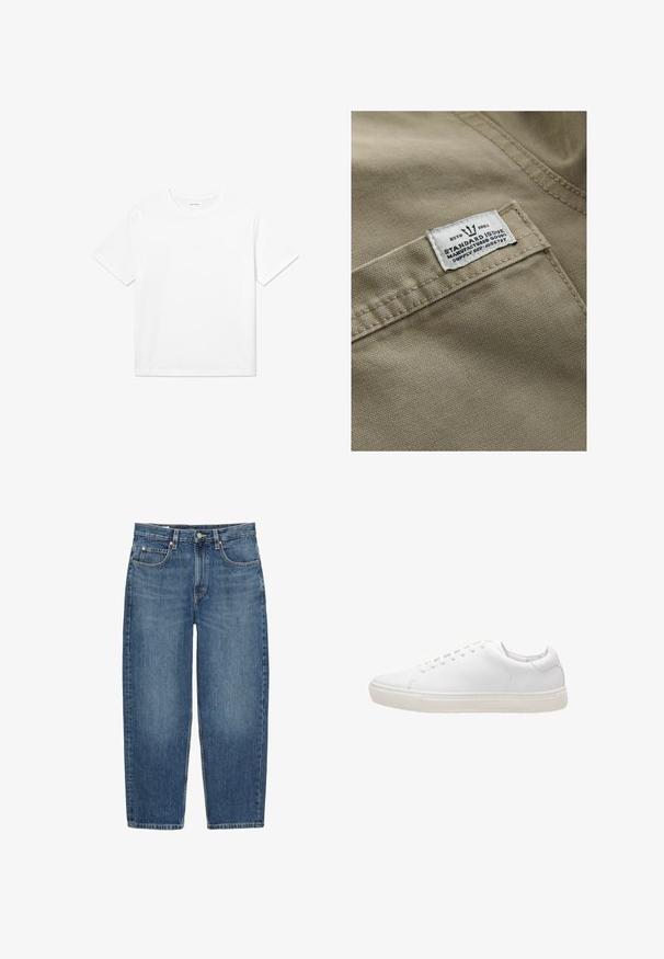 Khaki stof met een gestructureerd oppervlak, met een wit label op een zak genaaid—de tekst bevat "ESTD 1982," "STANDARD ISSUE," en een referentie voor de levering.; Witte katoenen T-shirt met korte mouwen, een ronde halslijn en een rechte zoom. Glad textuur zonder zichtbare patronen of accenten.; Blauwe rechte spijkerbroek met knoop en rits aan de voorkant, riemlussen en vijf zakken op een witte achtergrond.; Witte leren sneaker met een gladde textuur, ronde neus, vetersluiting en een platte rubberen zool. Minimalistisch ontwerp zonder zichtbare patronen.