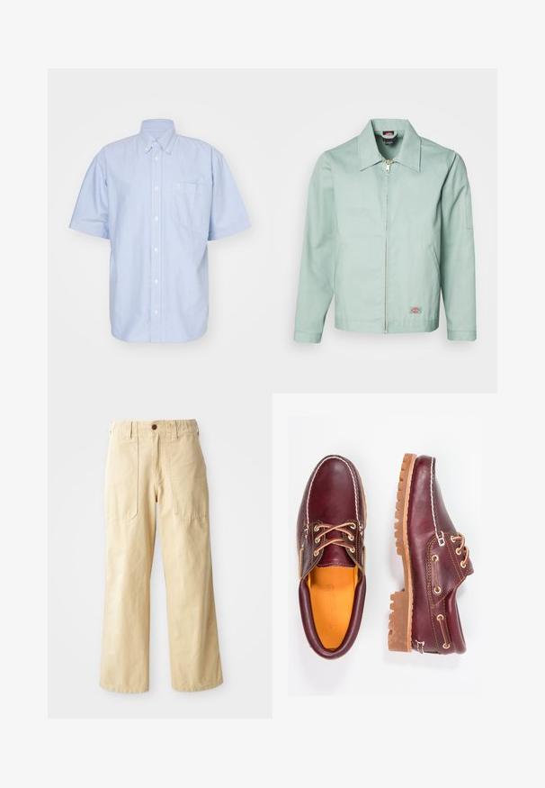 Veste vert clair en coton avec un zip à l'avant, un col pointu et deux poches latérales. Présente un logo en patch en bas à gauche.; Chemise à manches courtes bleu clair en tissu coton. Dotée d'un col et d'une poche avant. Design simple et uni.; Pantalons larges beige en coton. Présentent une taille haute, deux poches avant au design plat et une fermeture par un seul bouton.; Chaussures en cuir bourgogne avec semelles en caoutchouc marron, bout rond, couture blanche et œillets dorés. L'intérieur présente une doublure jaune.