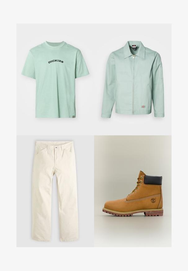 Chaqueta verde claro de algodón con cremallera frontal, cuello con puntas y dos bolsillos laterales. Presenta un logotipo en parche en la parte inferior izquierda.; Camiseta de algodón verde claro con un logo en negro en forma curva de "DICKIES" en el frente. Cuello redondo clásico y mangas cortas. Diseño minimalista.; Pantalones de algodón color beige claro con un corte relajado, piernas rectas y bolsillos delanteros. Presentan un cierre con botón y un diseño sencillo y limpio.; Bota de tobillo de cuero marrón con cuello negro, cordones amarillos y suela beige. Presenta un logotipo y detalles de costura blanca. Suela exterior con tracción robusta.