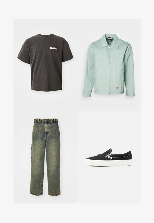 Chaqueta verde claro de algodón con cremallera frontal, cuello con puntas y dos bolsillos laterales. Presenta un logotipo en parche en la parte inferior izquierda.; Camiseta de manga corta gris oscuro con el logo "Dickies." en blanco en el lado izquierdo del pecho, cuello redondo y corte relajado.; Jeans de denim holgados en un lavado azul y verde descolorido. Presenta un cierre de botón, pasadores para el cinturón y bolsillos laterales. Diseño de frente plano y pierna recta.; Zapatilla Vans negra sin cordones con suela de goma blanca, costuras blancas y detalles elásticos en los laterales, vista desde el lado exterior.