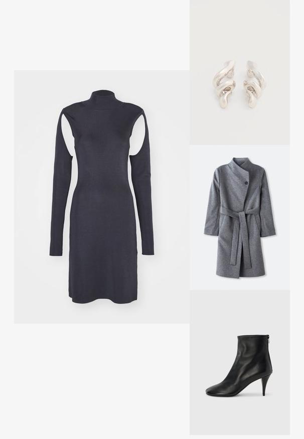 Long manteau en laine gris avec un col haut, fermeture à un bouton noir près du cou, deux poches latérales et une ceinture assortie nouée à la taille.; Robe côtelée bleu marine avec un col haut, des manches longues et des découpes aux épaules. Design ajusté avec un ourlet droit. Texture lisse.; Bottines en cuir noir à texture lisse, bout pointu et talon stiletto mince. Dotées d'une fermeture éclair latérale pour un enfilage facile.; Boucles d'oreilles clips en métal argenté torsadé avec une finition lisse et brillante, présentant un design moderne et abstrait en spirale.