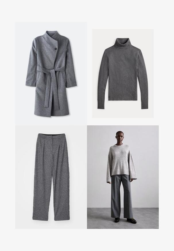 Long manteau en laine gris avec un col haut, fermeture à un bouton noir près du cou, deux poches latérales et une ceinture assortie nouée à la taille.; Pull col roulé en maille gris foncé avec manches longues et coupe slim, présenté à plat sur un fond clair.; Pantalon gris à carreaux avec une taille haute, une coupe évasée et des plis. Fabriqué en tissu texturé avec un motif monochrome.; Pull en maille gris avec des manches larges et un ourlet côtelé, assorti à un pantalon gris taille haute avec un motif à carreaux discret et des mocassins noirs.