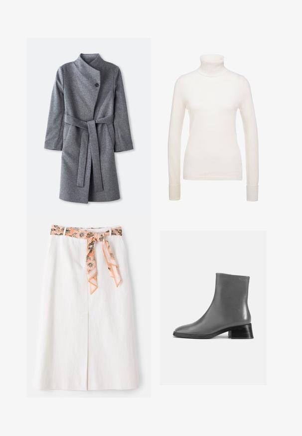 Lang grijs wollen jasje met hoge kraag, enkele zwarte knoopsluiting bij de hals, twee zijzakken en een bijpassende riem die om de taille is geknoopt.; FTC Cashmere Trui - pristine white; Witte midi-rok met een gestreepte zijden strik in de taille. Heeft een rechte snit en subtiele textuur. Geen zichtbare sluitingen.; Grijze leren enkelboot met een ronde neus en een korte, gestapelde zwarte hak. Soepele textuur met minimale details.