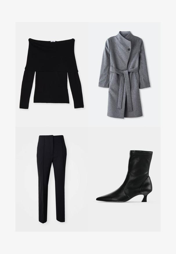 Long manteau en laine gris avec un col haut, fermeture à un bouton noir près du cou, deux poches latérales et une ceinture assortie nouée à la taille.; Haut noir à épaules dénudées et manches longues en tissu doux. Présente un corps ajusté et un large décolleté. Design simple et sans couture.; Pantalons noirs ajustés avec une coupe droite, fabriqués dans un tissu lisse, dotés d'un devant plat et de poches sur les côtés pour plus de fonctionnalité.; Botte mi-mollet en cuir noir avec bout pointu et petit talon kitten, vue de profil sur un fond clair uni.