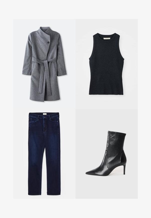 Lang grijs wollen jasje met hoge kraag, enkele zwarte knoopsluiting bij de hals, twee zijzakken en een bijpassende riem die om de taille is geknoopt.; Mouwloze donkergrijze gebreide tanktop met ronde hals, plat gelegd op een witte achtergrond.; Donkerblauwe spijkerbroek met slim fit, vijf zakken, stikselaccenten en rechte pijpen. Voorzien van een knoop- en ritssluiting.; Zwarte enkelboots van soepel leer, met een spitse neus, een aangesloten schacht en een slanke hoge hak. Minimalistisch ontwerp zonder zichtbare hardware.