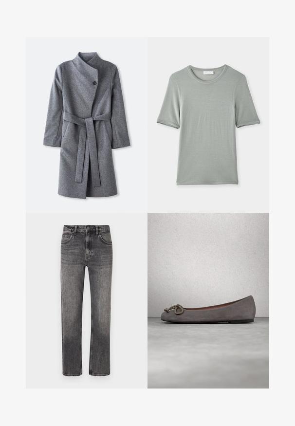 Abrigo largo de lana gris con cuello alto, cierre de un solo botón negro cerca del cuello, dos bolsillos laterales y cinturón a juego atado en la cintura.; Camiseta de manga corta y cuello redondo en gris claro, hecha de una tela suave con una textura lisa y costuras sutiles en las mangas y el cuello.; Vaqueros de pierna recta en gris lavado con bolsillos delanteros, trabillas para cinturón y cierre de botón.; Bailarinas de ante gris con puntera redonda, adorno de cuerda anudada y un sutil ribete en contraste a lo largo del borde. Suela plana y flexible.