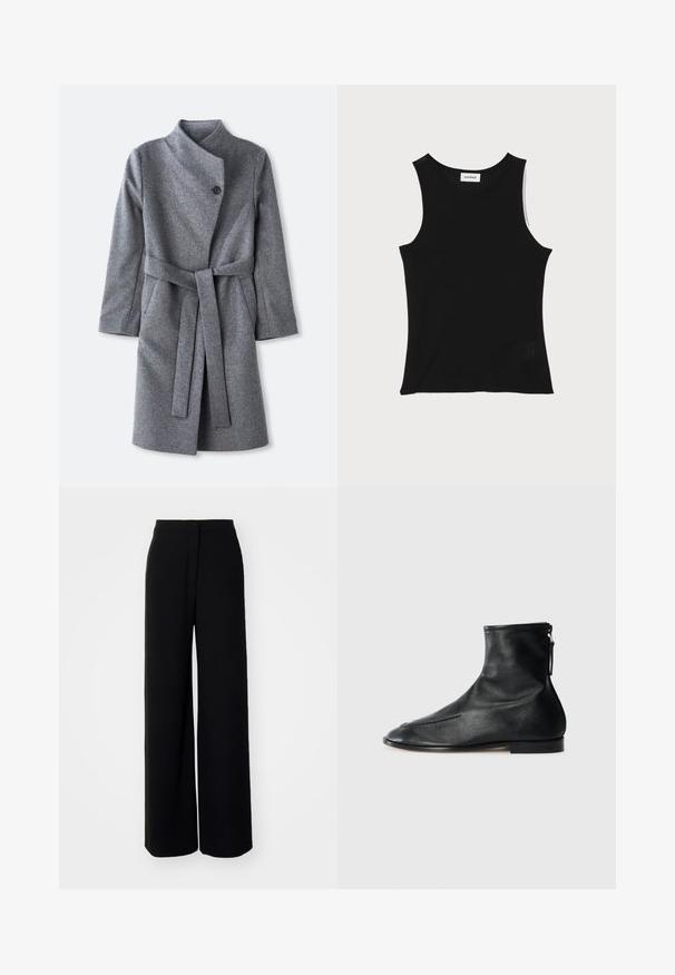 Long manteau en laine gris avec un col haut, fermeture à un bouton noir près du cou, deux poches latérales et une ceinture assortie nouée à la taille.; Débardeur noir à côtes avec un encolure ronde et de larges bretelles, présentant une finition texturée subtile et un petit détail en mesh au bas.; Pantalons larges noirs à taille haute, en tissu lisse, avec fermeture à bouton à l'avant et sans poches visibles, offrant une coupe tailleur.; Bottines en cuir noir avec un design à bout pointu, texture lisse et une fermeture éclair sur le côté pour un enfilage facile. Talon bas, style minimaliste.
