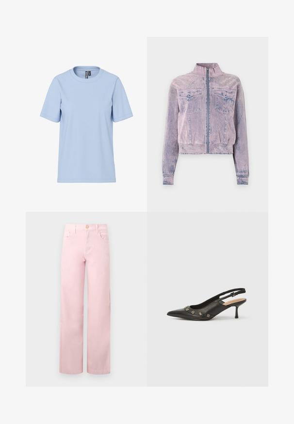 Lyserød denimjakke med høj krave, frontlynlås, to brystlommer og struktureret overflade. Kortskaftet design med blå accenter.; Lyseblå t-shirt med korte ærmer lavet af blødt stof, med en klassisk rund halsudskæring og uden synlige mønstre eller detaljer.; Pink bukser med vide ben lavet af bomuld med knaplukning, forlommer og en ren afslutning ved kanten. Glat tekstur og ensartet farve.; Sort slingback-pumpe i læder med spids tå, lille hæl og dekorative metalakcenter langs frontåbningen. Glat tekstur.